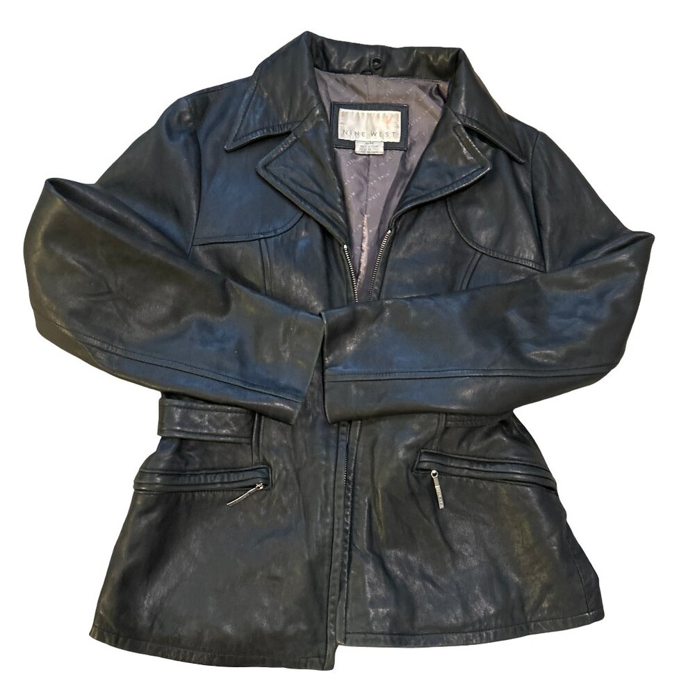 VTG 90s Nine West Black Leather Jacket Womens Size M Moto Biker Y2K Goth Grunge